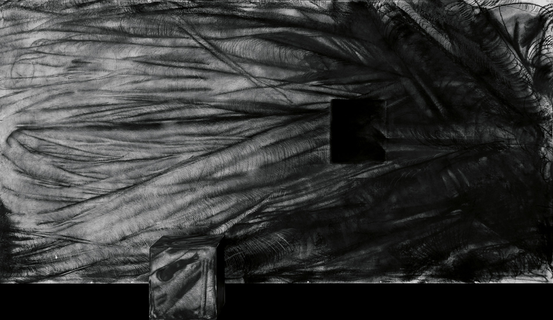 A black and white charcoal drawing of a root-like object with visible fine lines and volume with a black rectangular shape in the middle and square object covered with charcoal drawing texture in front of the painting.